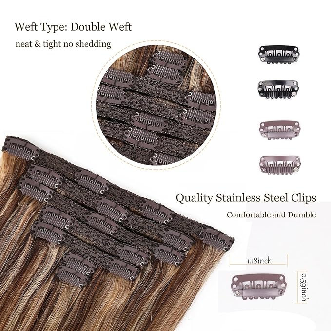 Clip in Human Hair Extensions, Double Weft 70g 7pcs Straight 14Inch 16Clips Real Hair Extensions #4/27 Chocolate Brown to Caramel Blonde