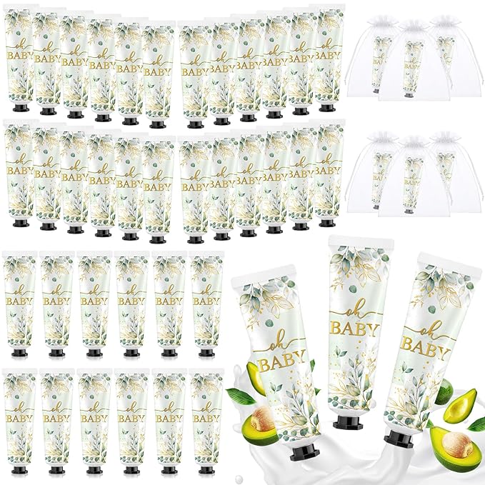 48 Sets Baby Shower Hand Cream Bulk Sage Greenery Baby Shower Favors Bridal Thank You Hand Cream for Guests Travel Size Lotion with Organza Bags