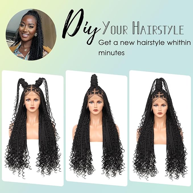 13x8 Inch HD Lace Front Boho Knotless braided Wigs For Women 36" Braided Wig With Baby Hair Braid Lace Front Wig Human Hair Blended Bohemian Braiding Wig