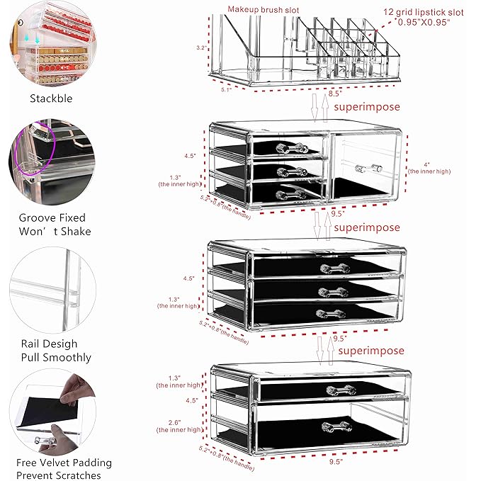 Cq acrylic 4 Pack Clear Make up Organizer Countertop,Stackable 9 Drawers Makeup Storage,Cute Vanity Organizers for dresser Hair Clip,Jewelry,Beauty Product Desk and Bathroom Organizers and Storage