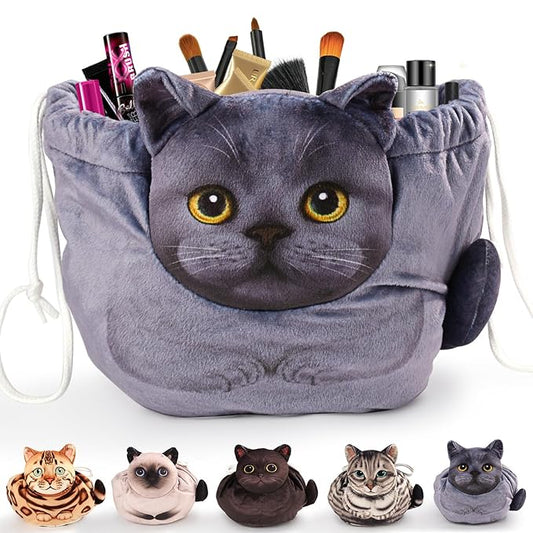 Openhaha Drawstring Makeup Organizer, Travel Cosmetic Pouch - Cat Gift for Women, Lay Flat Makeup Bag Gifts for Cat Lovers