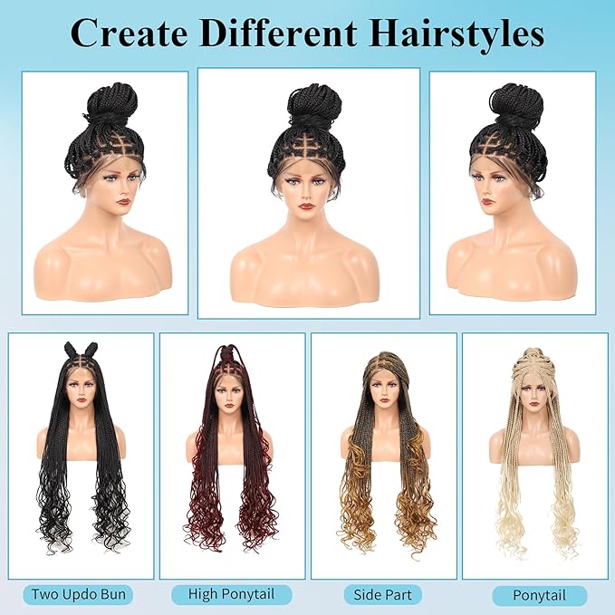 360° HD Full Lace Knotless Braided Wigs for Women Box Braid Wig with Curly End Human Hair Blended Braided Lace Front Wigs with Baby Hair 36 Inch Black