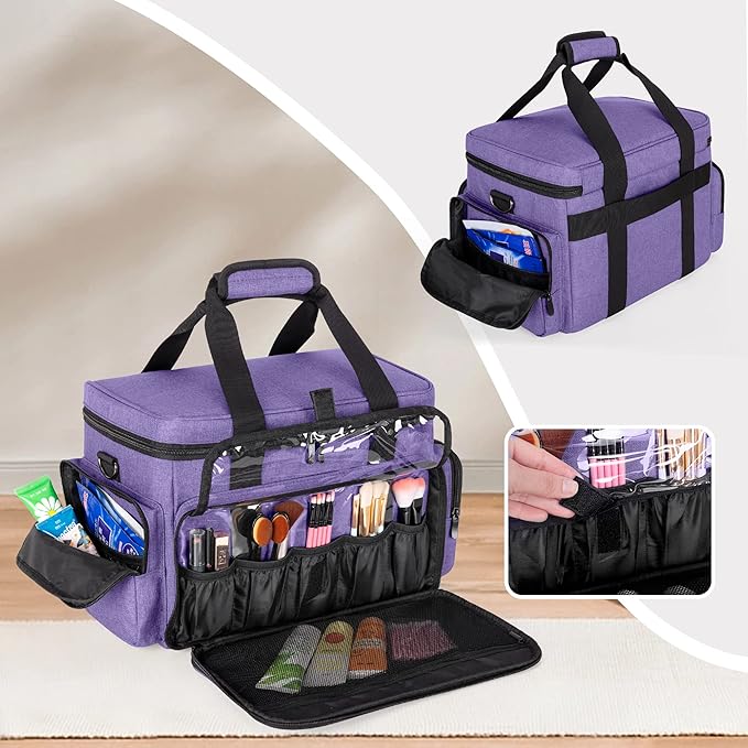 BAFASO Large Makeup Bag with 2 Removable Pouches and Detachable Dividers, Multifunctional Cosmetic Bag to Keep Makeup and Hair Supplies (Patent Pending), Purple