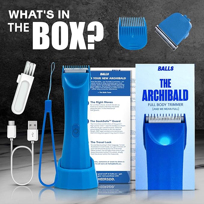 BALLS V3 The Archibald - Body & Pubic Hair Trimmer for Men - No Cuts, Sacksafe Guard, 100% Waterproof, Cordless - Wet/Dry with Replaceable Ceramic Blades Archibald Trimmer