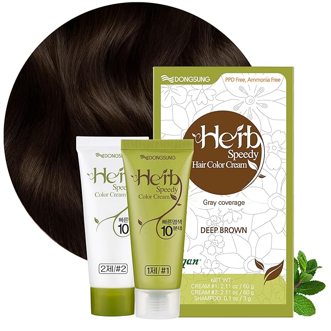 DONGSUNG Herb Speedy Color Cream (Deep Brown, 1 Pack), PPD-Free Ammonia-Free Vegan Hair Dye with Sun Protection, Odorless, Gentle for Sensitive Scalp, No Eye or Scalp Irritation