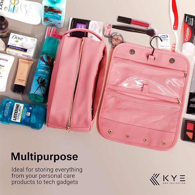 Leather Travel Toiletry Bag for Men with Removable Cover and Hanging Hook - Dopp Kit for men - Makeup Bag Organizer for Women for all your Travel Essentials (PINK)