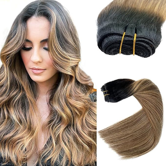 Sew In Real Humana Hair Extensions, Ombre Brown & Blonde Balayage Wefts - 22 Inch, 120G Hand-Tied Human Hair Bundles