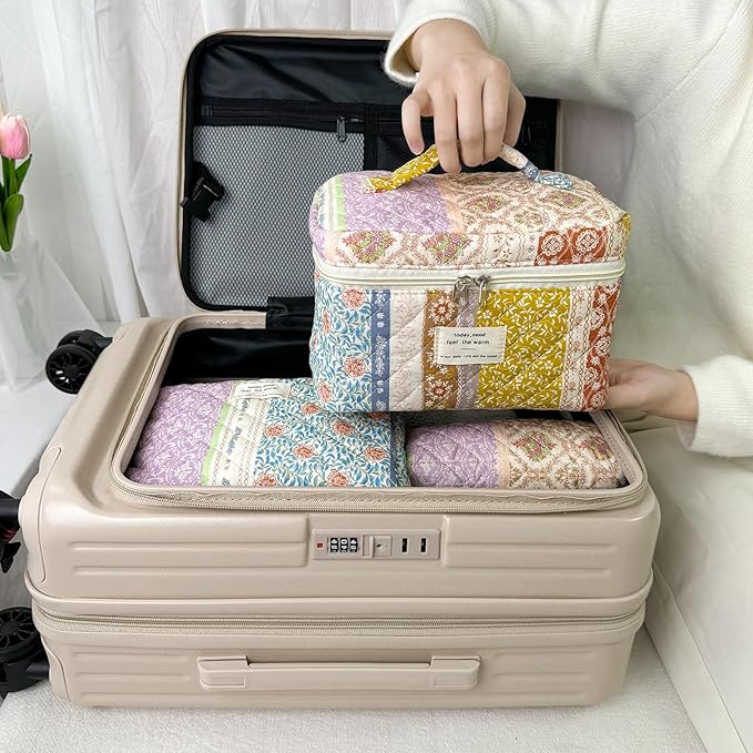 3Pcs Cotton Quilted Makeup Bag for Women Girls, Large Floral Cosmetic Bag Set Cute Makeup Brushes Aesthetic Accessories Storage Bag Travel Toiletry Bag Organizer for Women