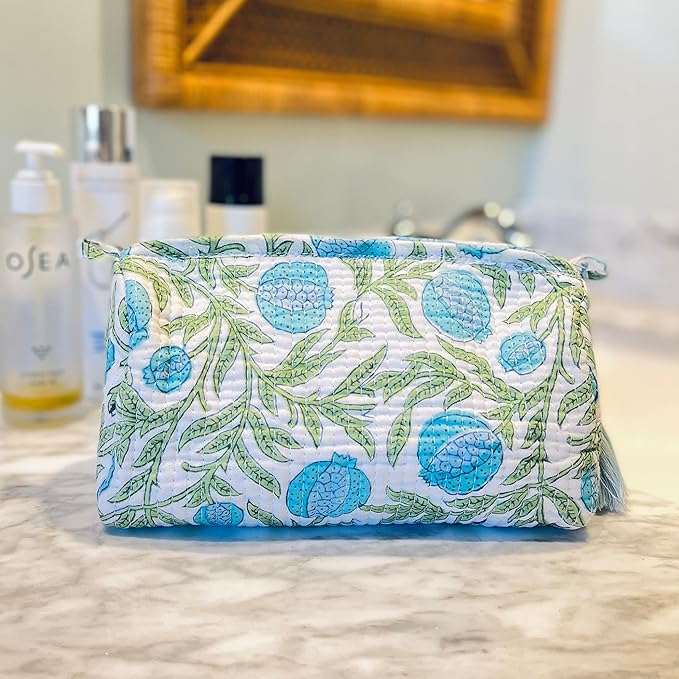 Block Print Toiletry Case & Makeup Bag - Blue & Green Pomegranate