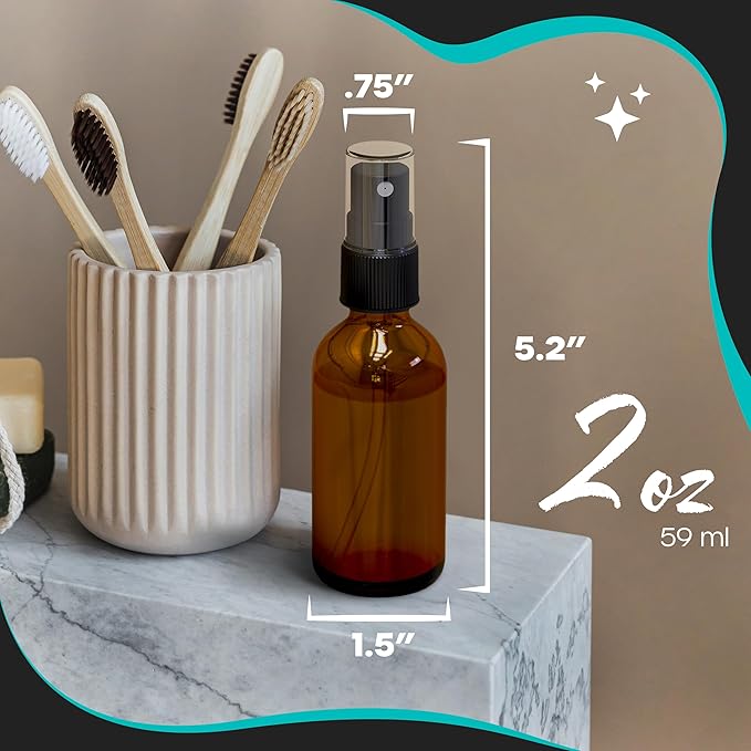 Nevlers 3 Pack Amber Glass Spray Bottles 2 Oz Set | Amber Spray Bottles with Shrink Wrap and Funnel | Leakproof Mister Bottle for Hair, Body, Fragrance, Hand Sanitizer & More