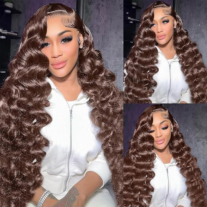 34 Inch Brown Loose Deep Wave Lace Front Wigs Human Hair For Women 180% Density 13x4 Chocolate Brown Hd Transparent Loose Wave Lace Frontal Wigs Human Hair Pre Plucked With Baby Hair