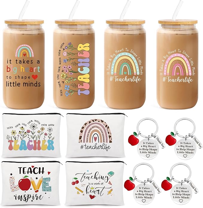 UAREHIBY 12 PCS Teacher Appreciation Gifts In Bulk,Thank You Teachers Gifts for Women with 16 OZ Glass,Teacher Christmas,Valentines Day Gift with Makeup Bag,Key chain,Teachers Gift from Students