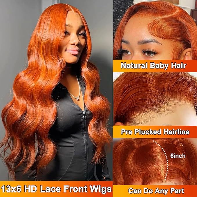 20 Inch Ginger Orange Lace Front Wigs Human Hair Body Wave 13x6 HD Lace Frontal Ginger Wig Human Hair 180 Density Transparent 350 Colored Human Hair Wigs for Women Pre Plucked With Baby hair