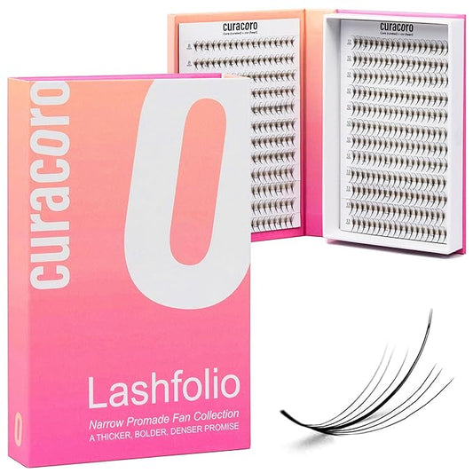 Curacoro LashFolio Narrow Wispy Fans, Handmade Volume Eyelashes, 5D To 10D, C CC D Curl, 0.03~0.07 mm, 8-13mm Mix Length, Professional Long-Lasting Promade Lash Fans (7D-0.05 CC 8mm-13mm)