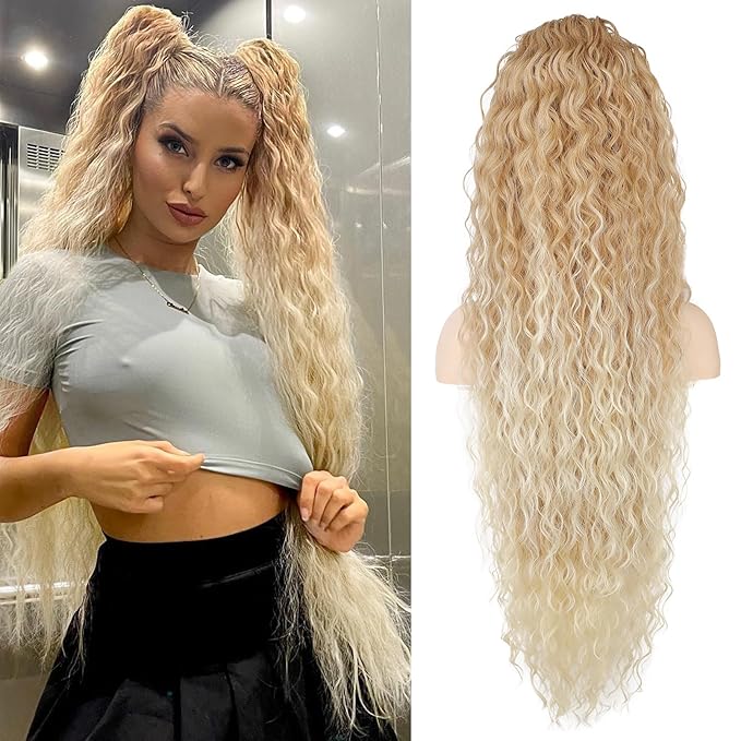 SEIKEA 36" Drawstring Ponytail Extension Long Lightweight Full Natural Curly Fake Pony Tail Multi Layered Soft Clip in Hair Extensions Ponytail Synthetic Hairpiece, Dark Blonde to Light Blonde