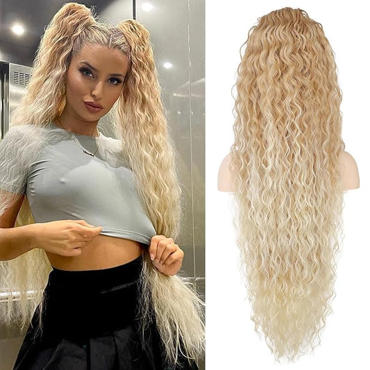 SEIKEA 36" Drawstring Ponytail Extension Long Lightweight Full Natural Curly Fake Pony Tail Multi Layered Soft Clip in Hair Extensions Ponytail Synthetic Hairpiece, Dark Blonde to Light Blonde