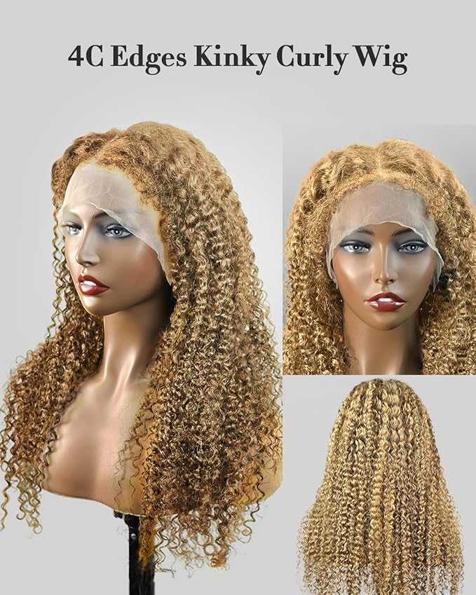 4C Edges HD Lace Front Wig Human Hair Honey Blonde Kinky Curly Wig, 13x4 Lace Frontal Kinkycurly Wigs with 4C Kinky Edges Hairline Pre-Plucked 180% Density 18 inch