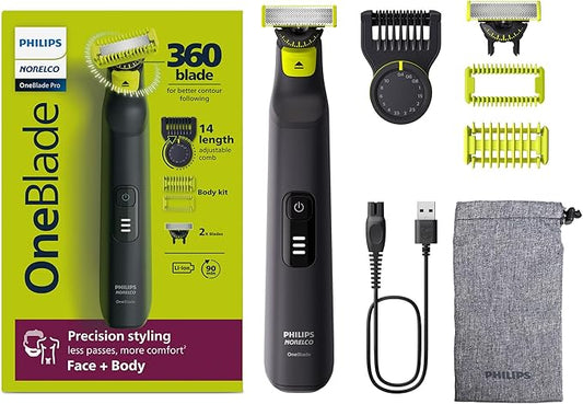 Philips Norelco OneBlade Pro 360 Face + Body, Electric Shaver, Beard Trimmer and Body Groomer, with 360 Blade Technology, 14-Length Precision Comb, Body Kit, Soft Pouch, Model QP6542/70