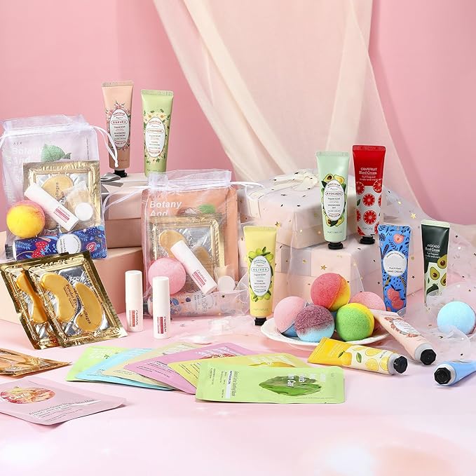 84 Pcs Spa Party Supplies Facial Masks Eye Patches Hand Cream Lip Balm Foot Bath Bombs Compressed Towel Organza Bags Spa Party Favors Sleepover Kit Birthday for Most Skin Type