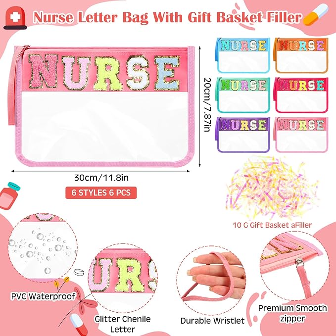 Coume 18 Pcs Nurse Makeup Bags Badge Clips Gifts Clear Pouches with Nursing Badge Reel Flower Smile Face Nursing ID Card Clips for National Certified Nurses Day Teacher Student, 11.8 x 7.87 inch