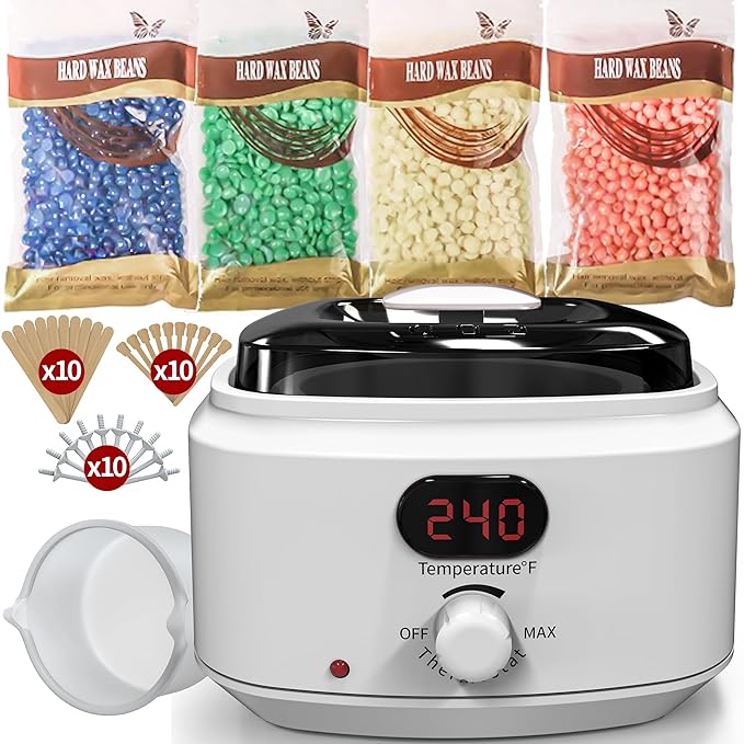 Waxing Kit for Women Men, Digital Wax Kit with Silicone Bowl & 4 Bags Hard Wax Beads, Portable Wax Warmer for Sensitive Skin Full Body Hair Removal, Brazilian Bikini, Eyebrow, Face (White)