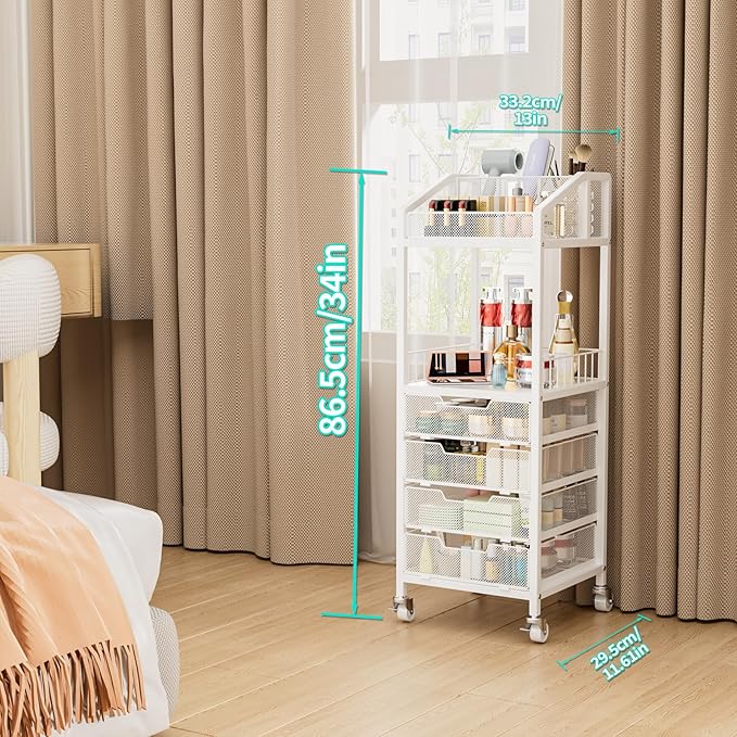 HapiRm Makeup Organizer Storage Cart - Floor Skincare Make Up Storage with 4 Drawers, Rolling Makeup Cart Vanity Organizer Cosmetics Display Cases Holder for Skin Care Perfume Nail Polish
