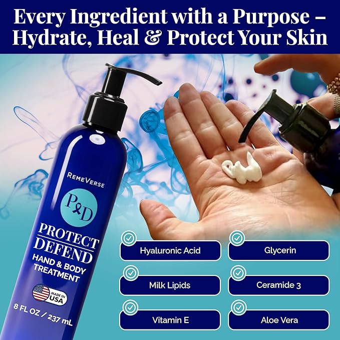 RemeVerse Protect & Defend Hand and Body Treatment Lotion - Moisturizer for Chemotherapy and Sensitive Skin - Hydrating and Nourishing Body Skin Care - Gentle & Fragrance-Free - Made in USA - 8 oz