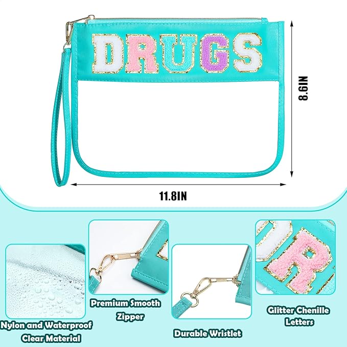 Buryeah 4 Pcs Chenille Letter Pouch Flat Nylon Clear Snack Bags Flat Multipurpose Zipper Makeup Bag for Travel Toiletry Bag Water-proof Cosmetic Pouch for Women(Cute Style)