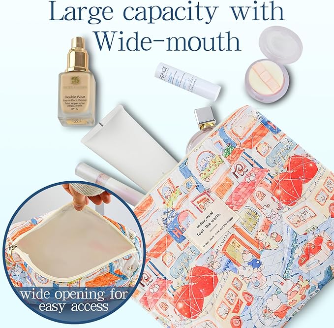 Makeup Bag, 3 PCS Quilted Makeup Bag, Cute Floral Cotton Cosmetic Bag set, Coquette Makeup Pouch Large Travel Toiletry Bag