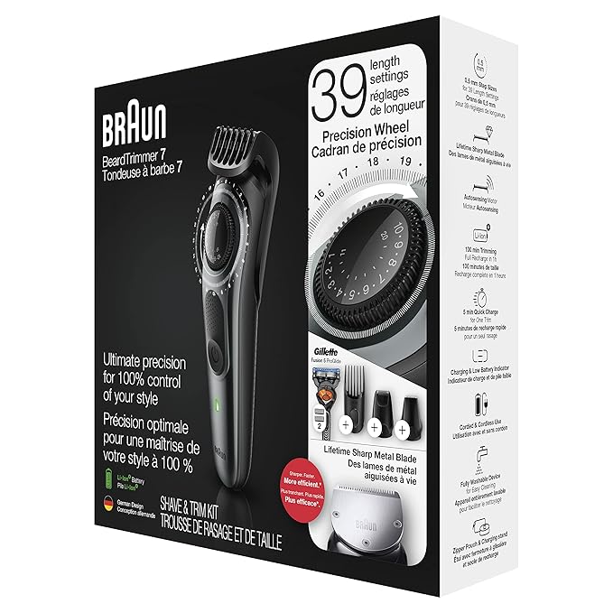 Braun Beard Detail Trimmer, Hair Clippers for Men, Cordless & Rechargeable, Mini Foil Shaver with Gillette ProGlide Razor, Silver, 10 Piece Set