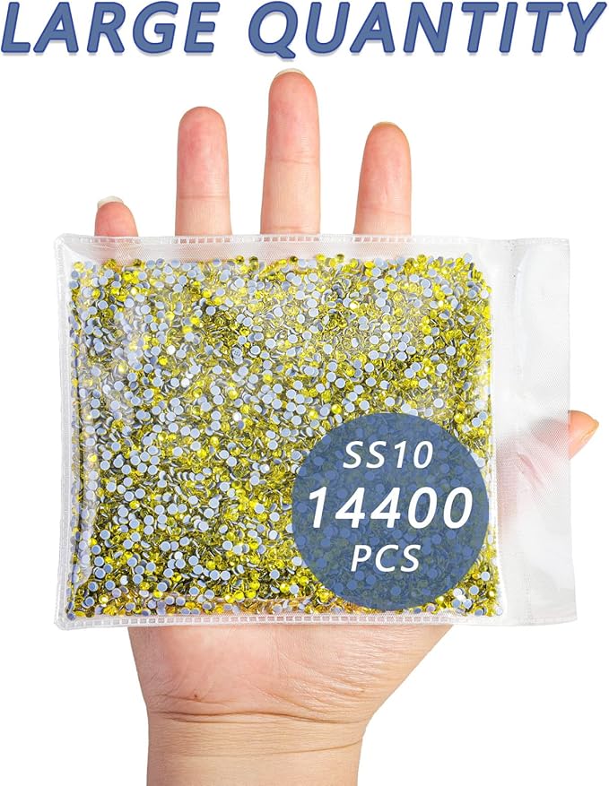 Beadsland Hotfix Rhinestones Bulk, 14400pcs Yellow Hot Fix Rhinestones for Crafts Clothes DIY Decoration, Citrine/Lemon Yellow, SS10, 2.7-2.9mm