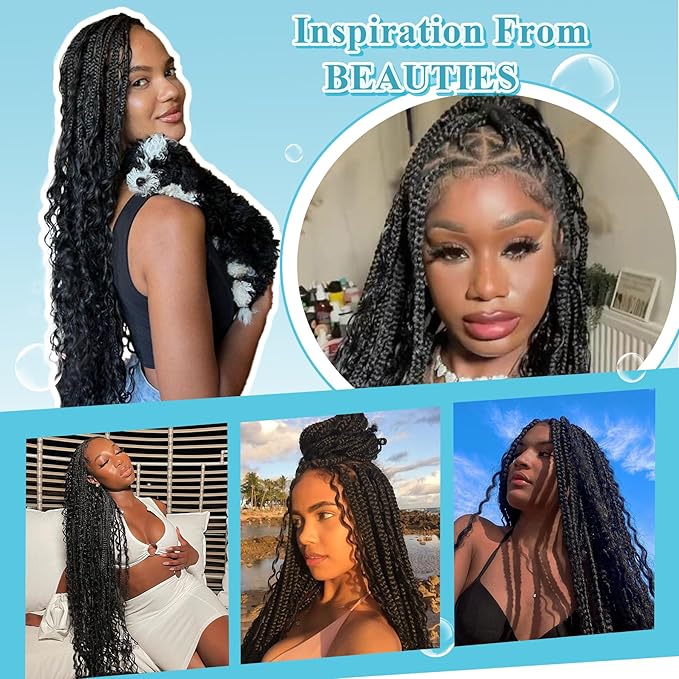 360° Hd Full Lace Boho Braided Wigs for Women Knotless Box Braid Wig with Baby Hair Natural Black Human Hair Blended Braided Lace Front Wigs 36"