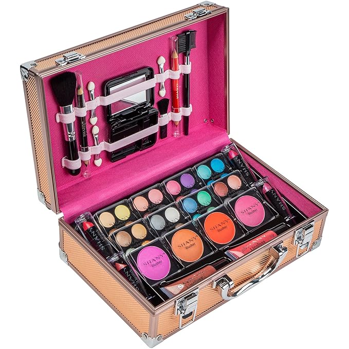 SHANY Carry All Makeup Train Case with Pro Makeup Set, Makeup Brushes, Lipsticks, Eye Shadows, Blushes, Powders, and more - Reusable Makeup Storage Organizer - Premium Gift Packaging - Rose Gold