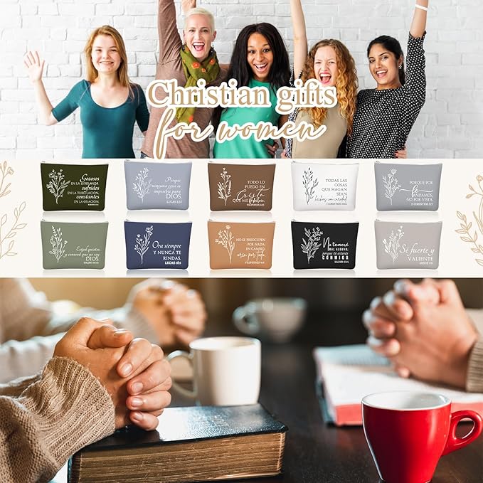 10Pcs Christian Gifts for Women Religious Cosmetic Bags Inspirational Bible Verse Pencil Pouch Canvas Makeup Bags Bulk with Zipper for Mother Sister Church Favors