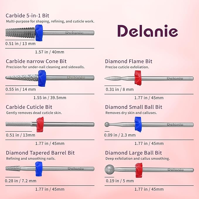 Delanie Professional Nail Drill Bit Set, 7 Pieces with Holder, Carbide and Diamond Bits, Model BS001