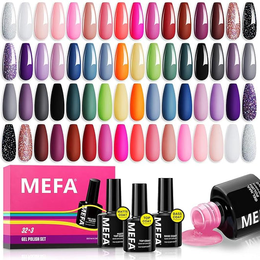 MEFA 35 Pcs Gel Nail Polish Set, 32 Colors All Seasons Collection Gel Nail Polish Kit with Base Coat No Wipe Glossy/Matte Top Coat Blue Red Pink Nail Art Manicure DIY Salon Home Gifts for Women Girls