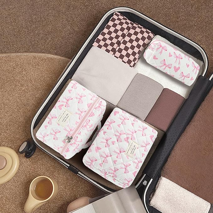 3Pcs Makeup Bag Cotton Quilted Travel Cosmetic Bag Cute Floral Makeup Pouch Large Toiletry Bag for Women Girls (Bow-Pink5)