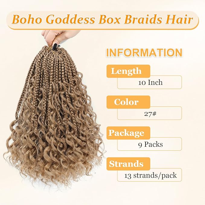 9 Packs Goddess Box Braids Crochet Hair Boho Crochet Box Braids With Curly Ends Crochet Hair For Black Women,10 Inch Pre Looped Bohemian Crochet Box Braids Hair (10Inch,9Packs,27#)