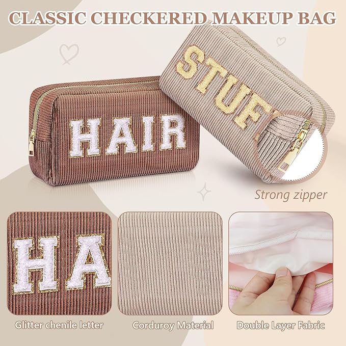 4 Pcs Travel Toiletry Bags for Women Preppy Makeup Bags Organizer Face Skin Hair Stuff Chenille Letter Pouch with Zipper Aesthetic Corduroy Skin care Hair Bag for Women Gifts
