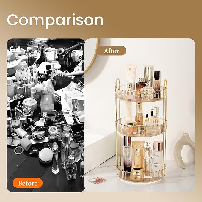 Aveniee Rotating Makeup Organizer for Vanity, 3 Tier Perfume Skincare Organizers and Storage for Bathroom Countertop, Clear Spinning Counter Shelf Cosmetic Holder for Dresser(Gold)