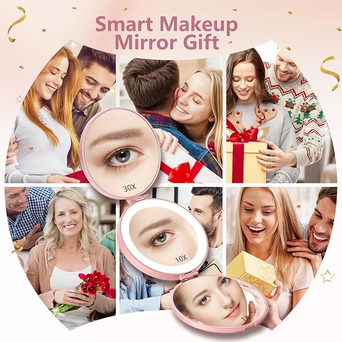 MIYADIVA Compact Travel Mirror with Light - 1X/10X/30X Magnification, Brightness Adjustment & 3 Color Lights