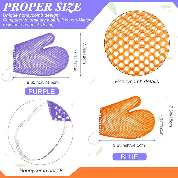 Karenhi 2 Pcs Honeycomb Exfoliating Glove Bath Mitt Body Spa Scrubber, Honeycomb Exfoliator Glove for Body Shower, Scrubber Sponge Shower Loofah, Quick Drying(Purple,Orange)