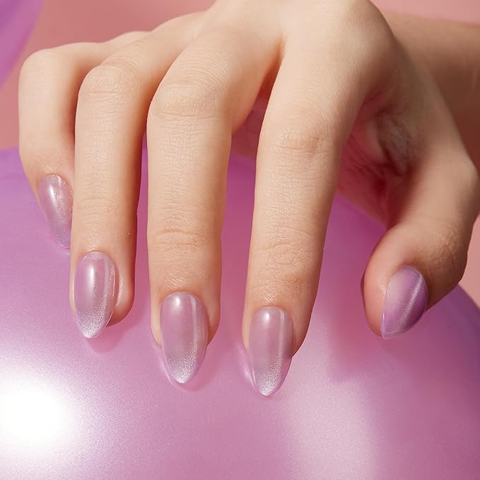 VSALON Press On Nails Short Almond Purple Cat Eye Fake Nails with Extra UV Glue Kit, 28-Days Salon-Strong No Pop-Off, Reusable Semi-transparent Fake Nails - 32 PCS in 16 Sizes (Misty Purple)