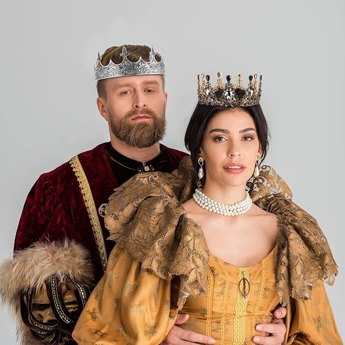 Sureio 2 Pcs Antique Royal King Crown for Men Baroque Queen Crown for 2025 Graduation Prom Party Crystal Tiara Prom Cosplay Birthday Wedding Hair Headband Accessories(Stylish Style)