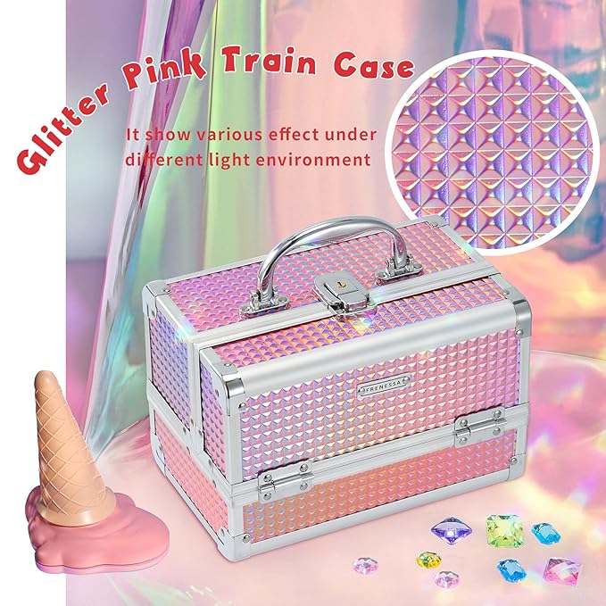 FRENESSA Makeup Box Organizer Portable Cosmetic Train Case Travel Makeup Case with Mirror Locking Make Up Cases Organizers and Storage for Artist Nail Supplies Hard Cosmetic Box Pink