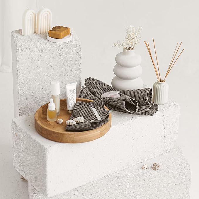 100% Flax Linen Washcloths - 4-Pack 10x10-inch Reusable Waffle Washcloths - Make up Removers Face Cloth - Black-Natural Waffle Weave Wash Cloths - Small Face Towels for Women