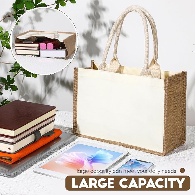 Sweetude 4 Set Jute Burlap Tote Bag with Canvas Makeup Pouch Reusable DIY Craft Blank Gift Bags for Wedding Bridesmaid(Beige)