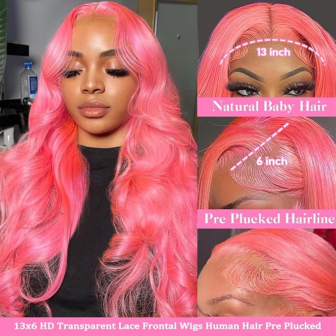 30 Inch Pink Lace Front Wig Human Hair Pink 13x6 Body Wave Lace Frontal Wigs Human Hair Pre Plucked 180% Density Hot Pink HD Lace Frontal Wig Human Hair for Women Wear and Go Glueless Wigs