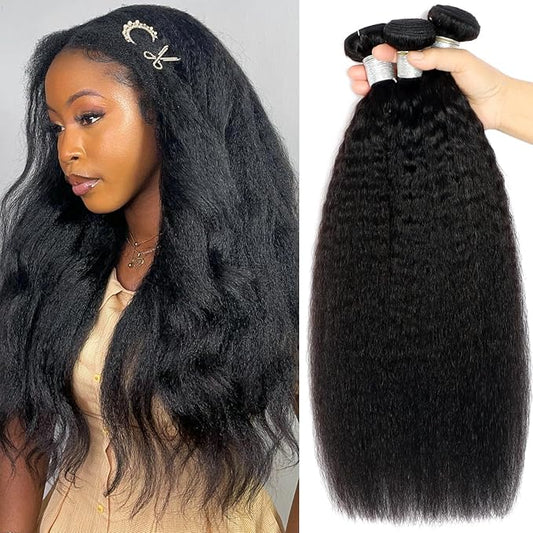 Kinky Straight Human Hair Bundles Human Hair For Black Women Yaki Straight Bundles Human Hair 24 26 28 Raw Bundles Human Hair 3 Bundles Brazilian Virgin Human Hair Bundles Straight 100% Human Hair