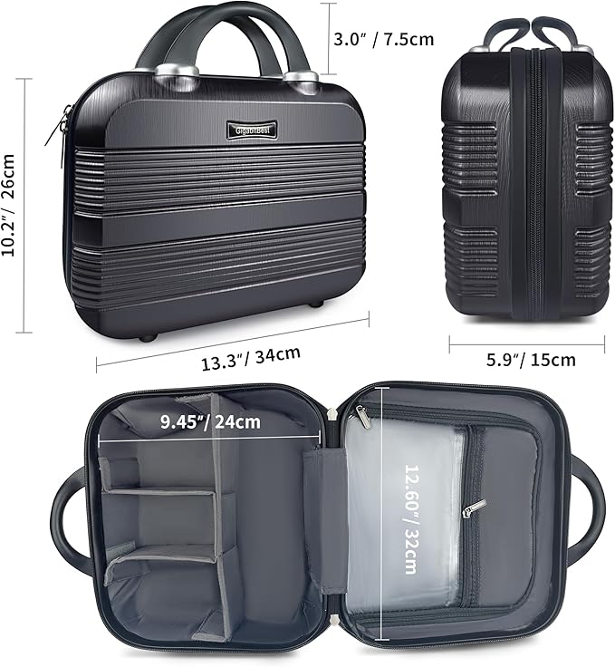 14" Portable Hard Shell Makeup Travel Case - Stylish PC+ABS Cosmetic Organizer for Women - Scratch-Resistant, Elastic Strap, Mini Suitcase - Perfect for Romantic Gifts（Midnight Black）